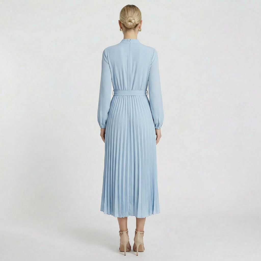 Acethetiq's | Women’s Long Sleeve Midi Dress Pleated Belted Slim Fit