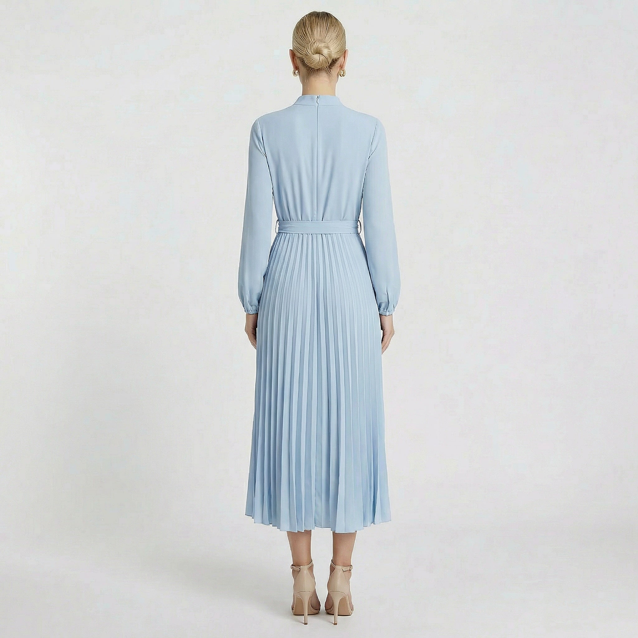 Acethetiq's | Women’s Long Sleeve Midi Dress Pleated Belted Slim Fit