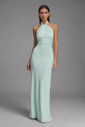 Women's satin halter neck backless maxi dress in lagoon – ruched front view