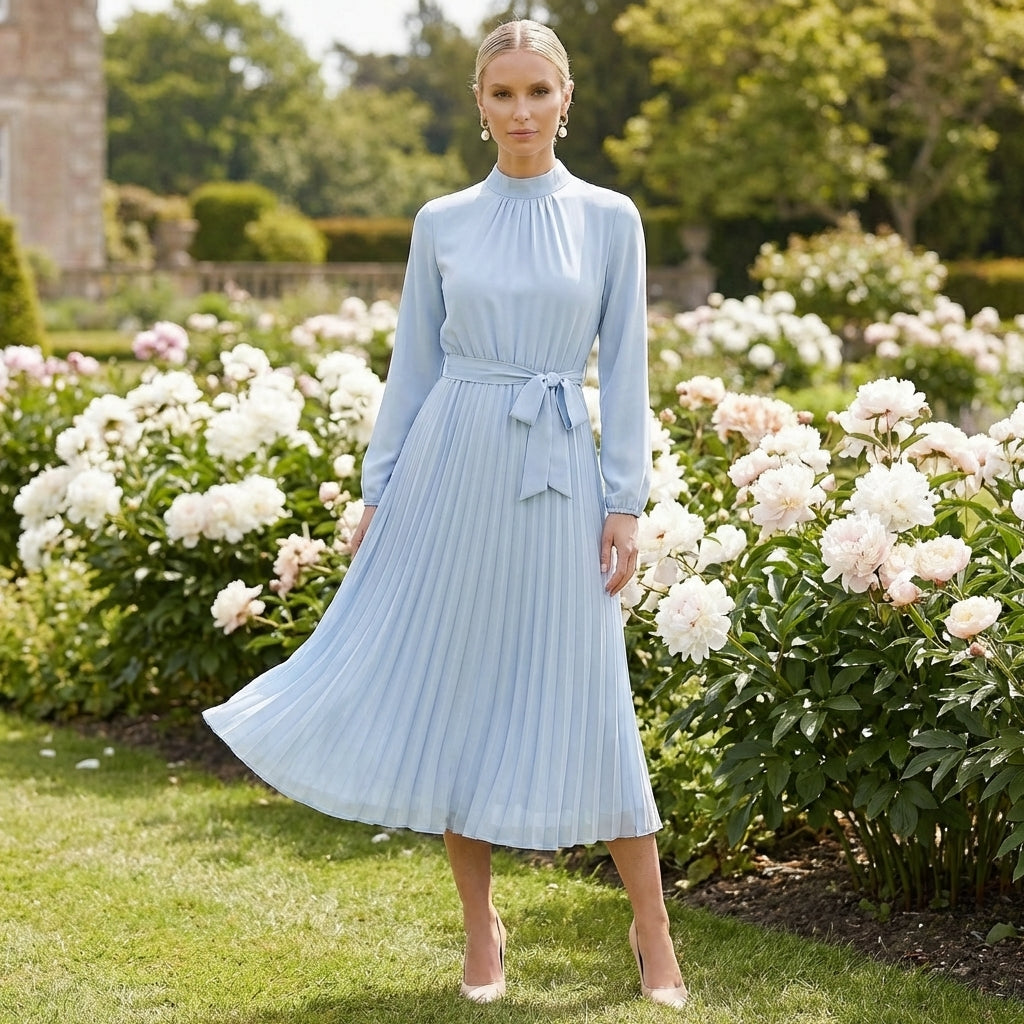 Acethetiq's | Women’s Long Sleeve Midi Dress Pleated Belted Slim Fit
