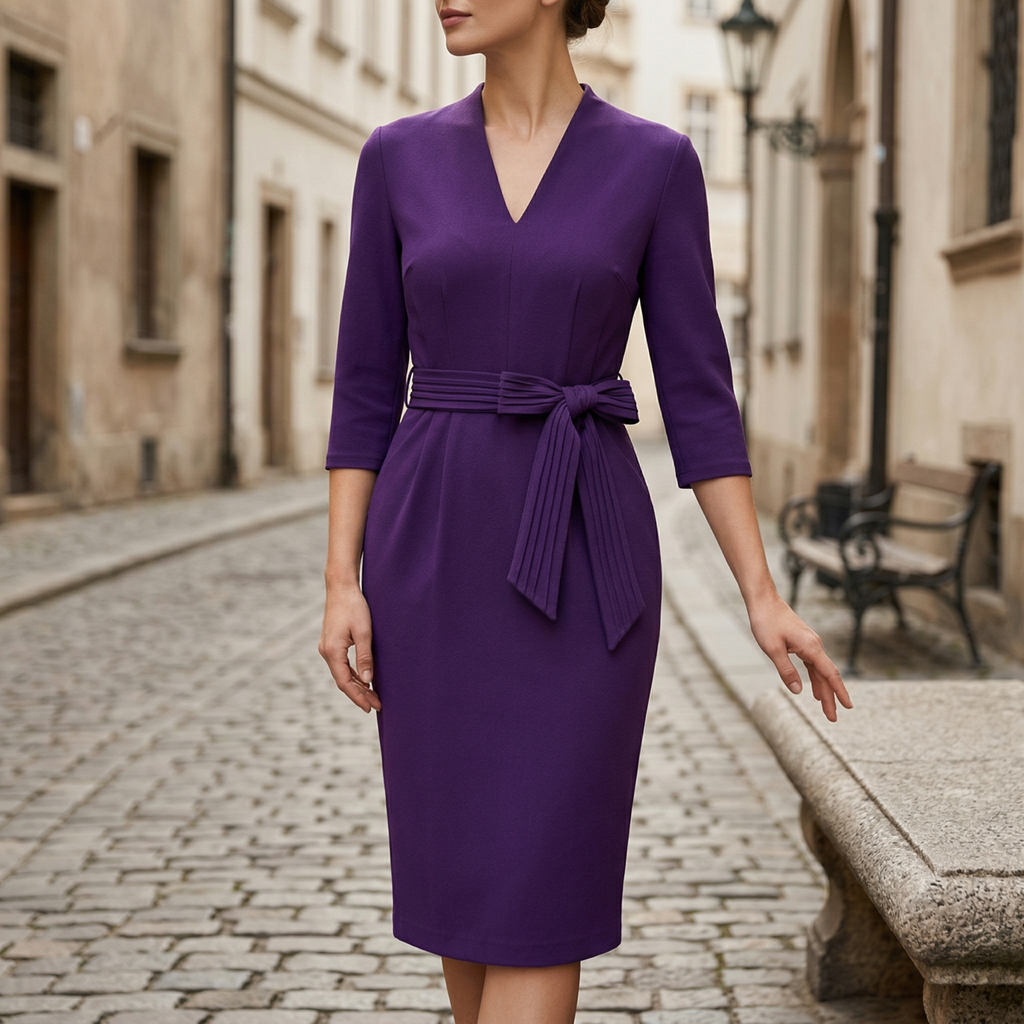 Women's V-neck belted midi dress, styled for office wear
