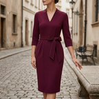 Women's V-neck belted midi dress, full length view