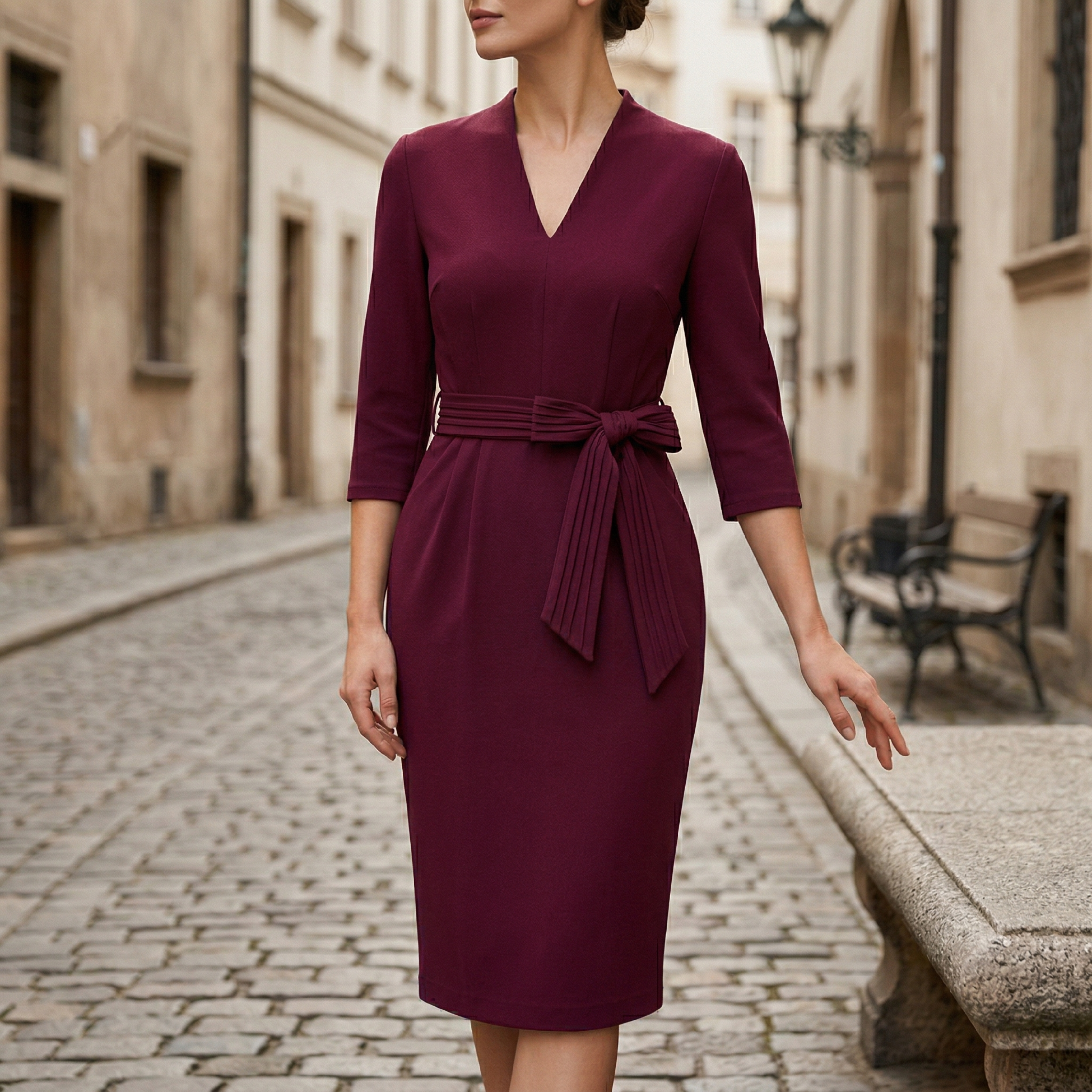 Women's V-neck belted midi dress, full length view