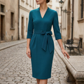 Women's V-neck belted midi dress, front view