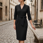 Women's V-neck belted midi dress, belted waist detail