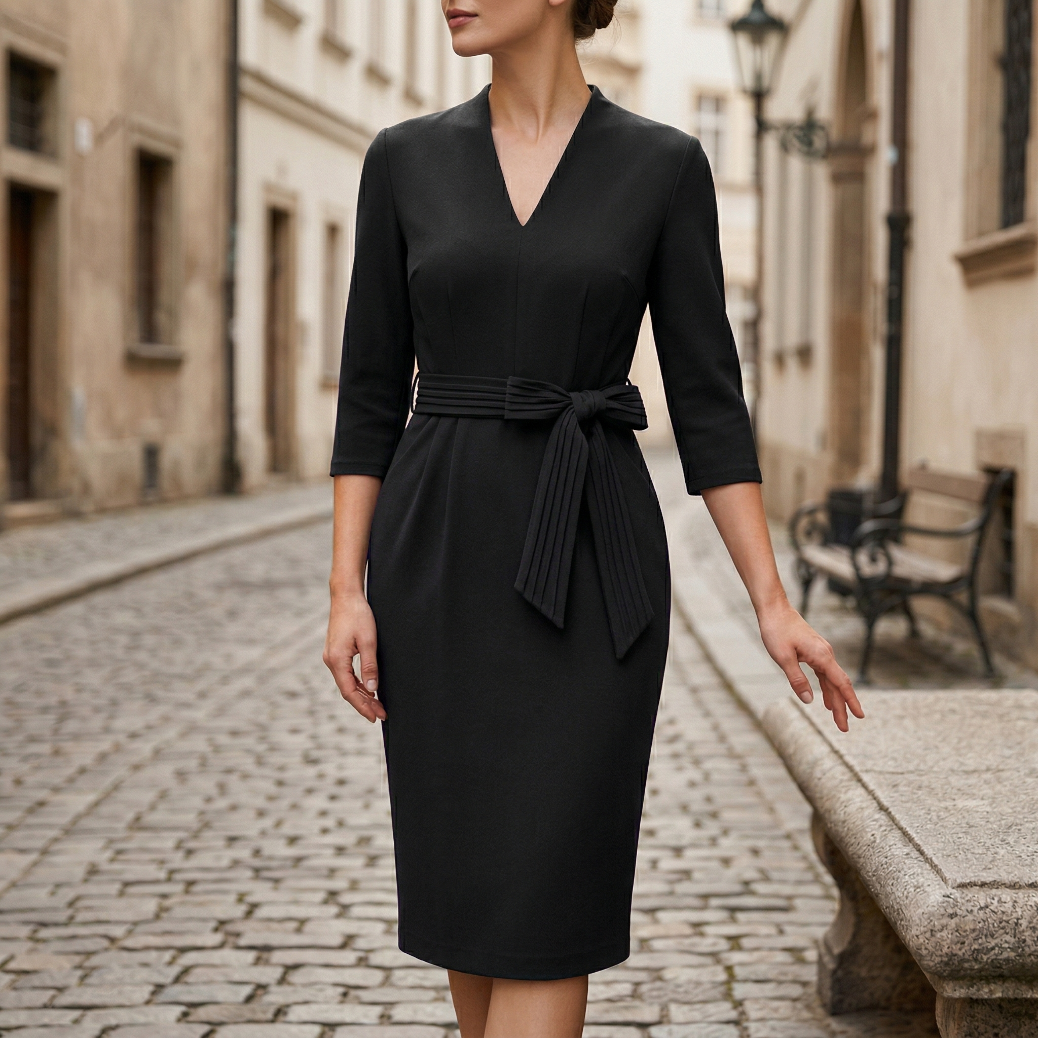 Women's V-neck belted midi dress, belted waist detail