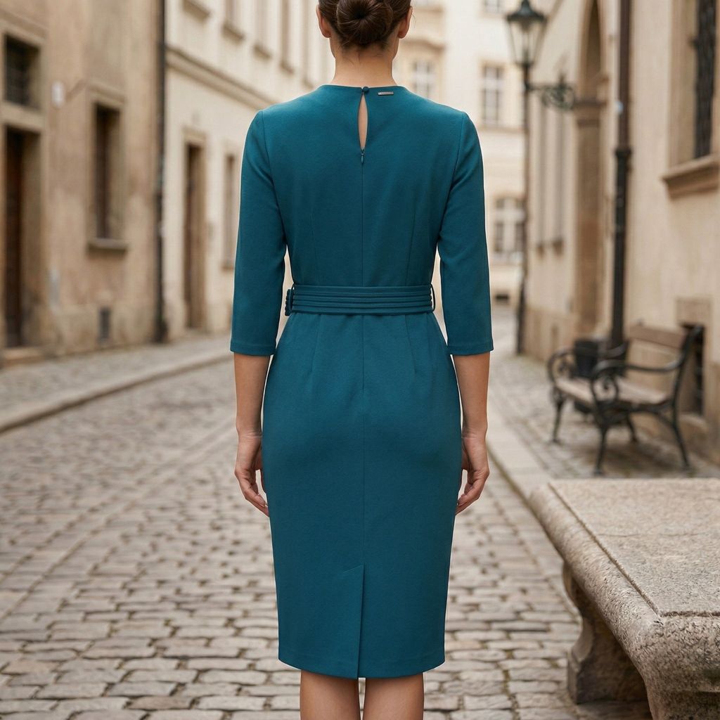 Women's V-neck belted midi dress, side view