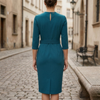 Women's V-neck belted midi dress, side view