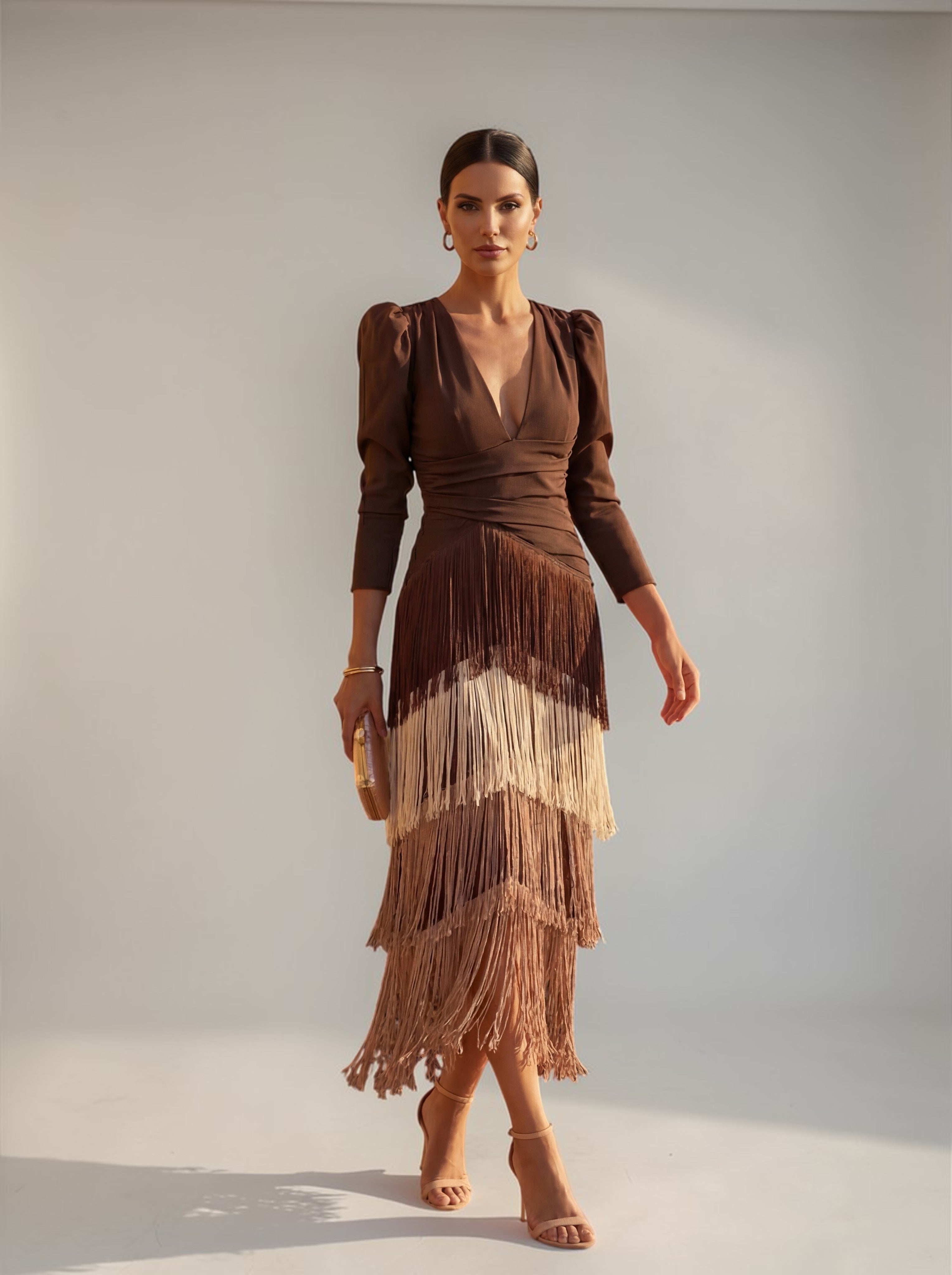Brown tiered fringe wedding guest dress, front view