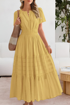 Women's boho cotton blend A-line midi dress, front view on model