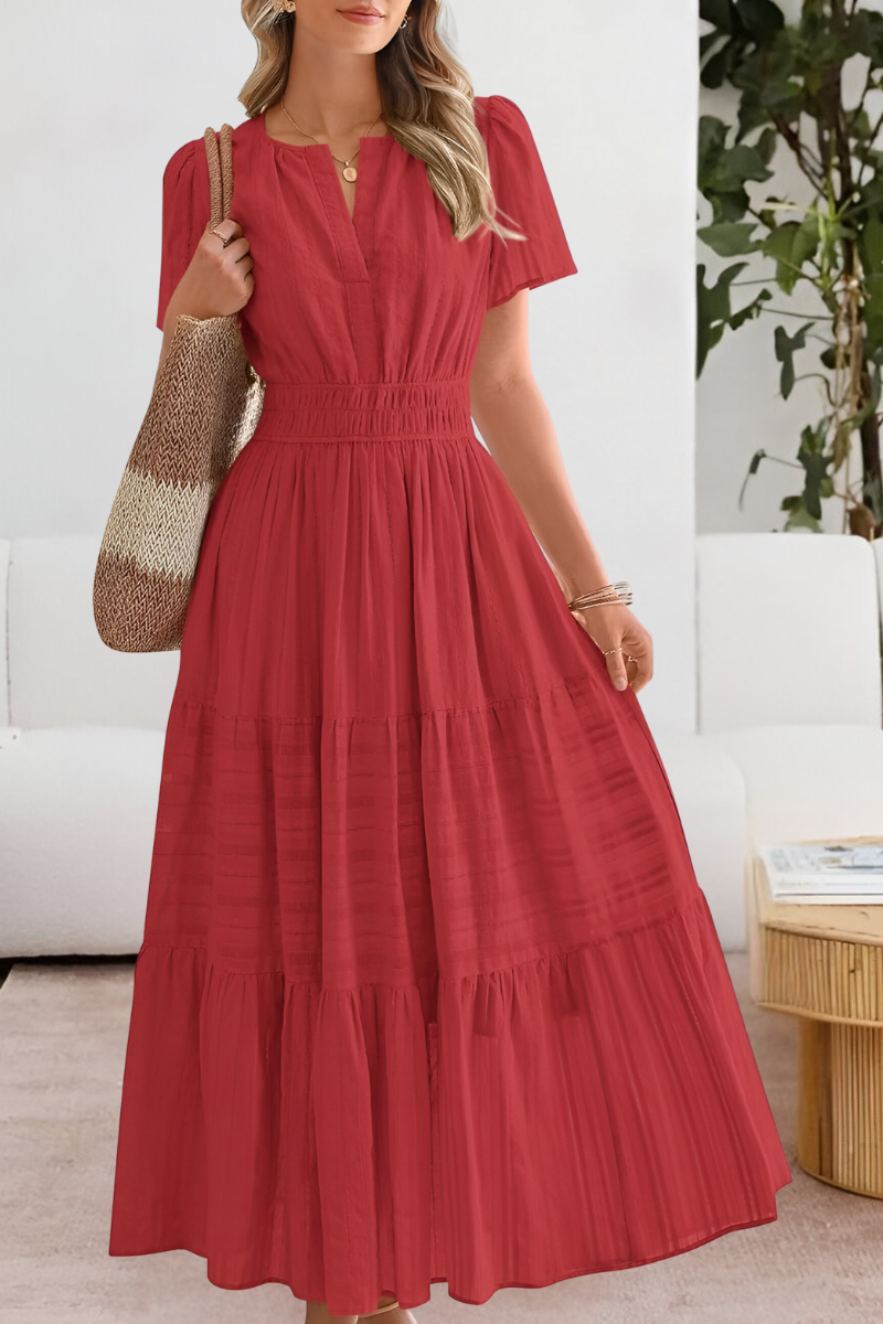 Women's lightweight boho midi dress with delicate pattern, full length view