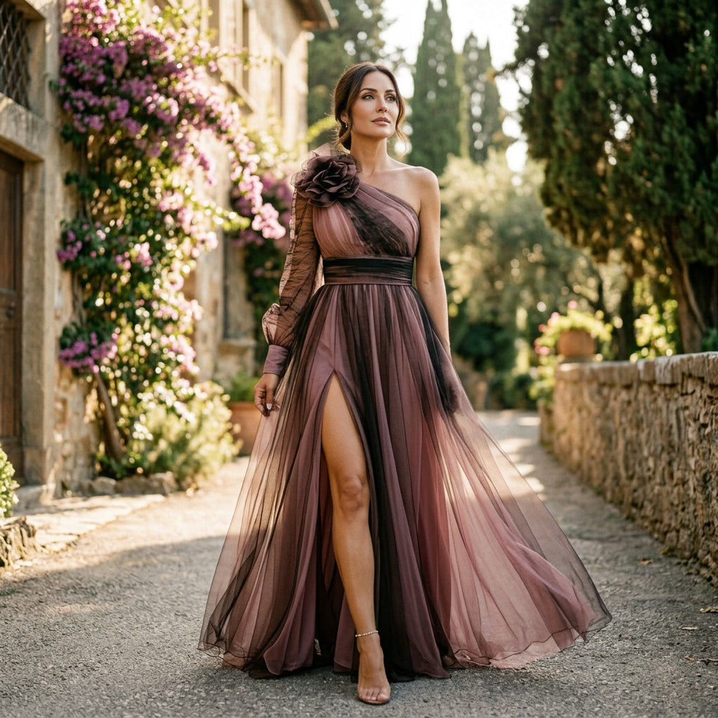 One-shoulder maxi dress in dark green, lifestyle view