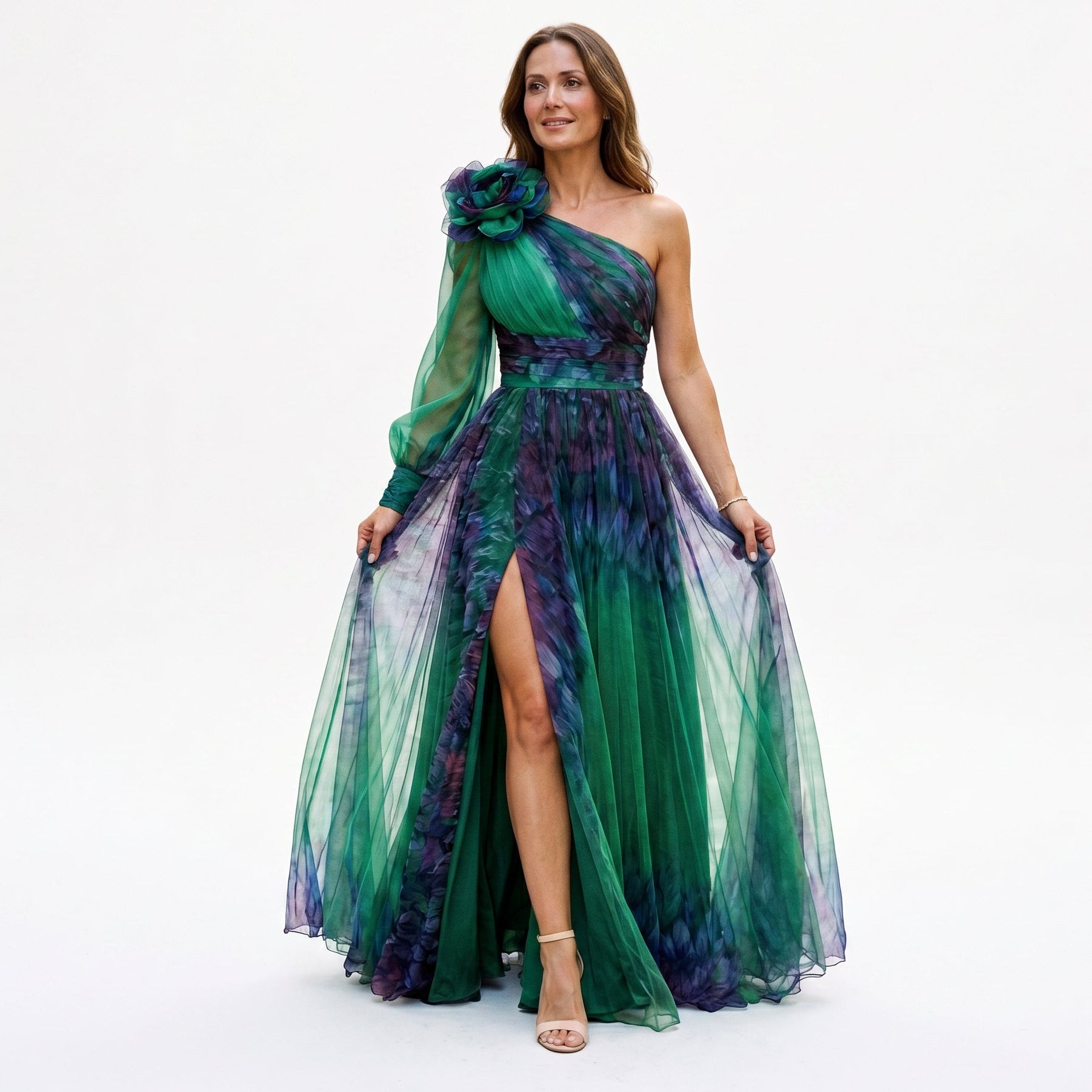 One-shoulder maxi dress in dark green, front view