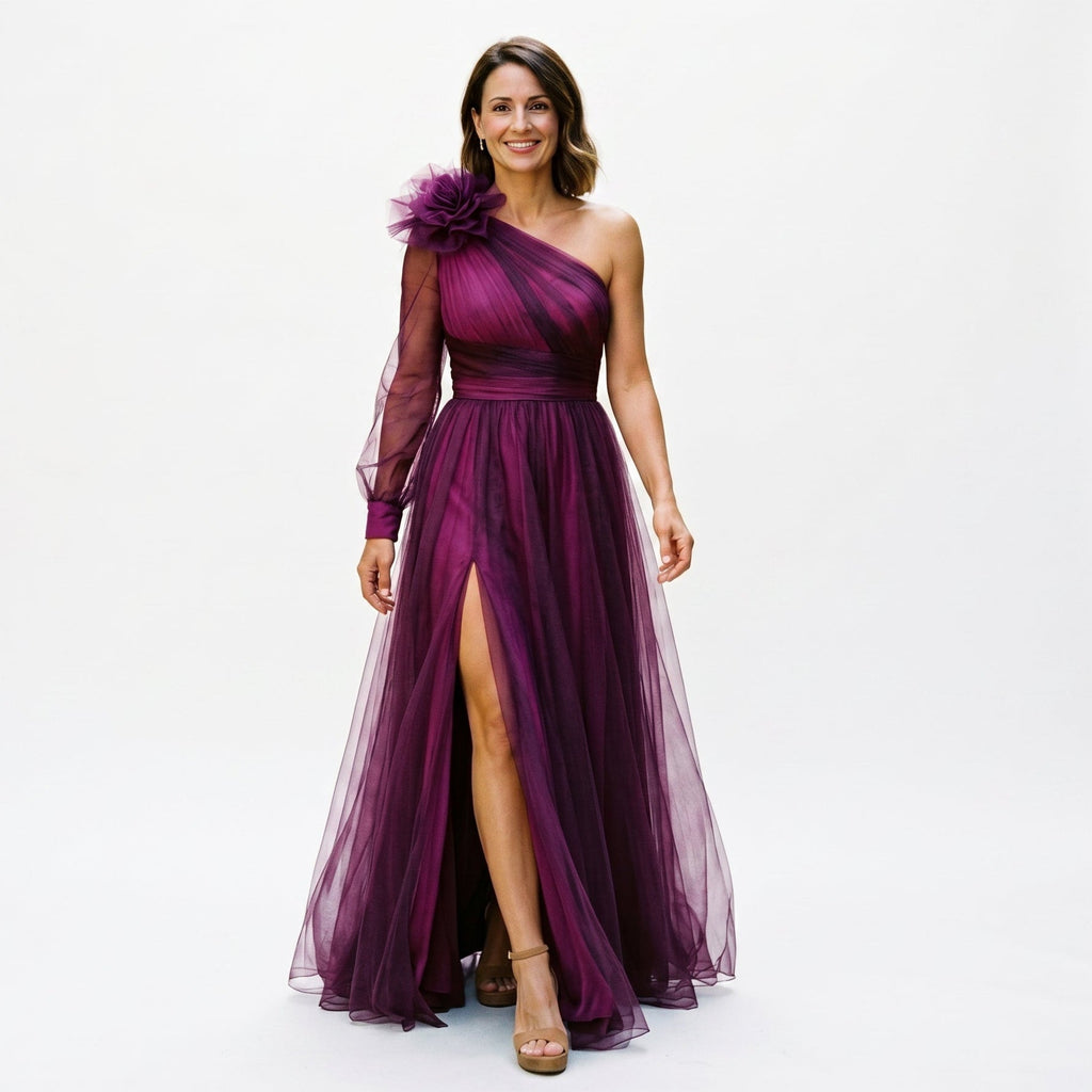 One-shoulder maxi dress in pale pink, front view