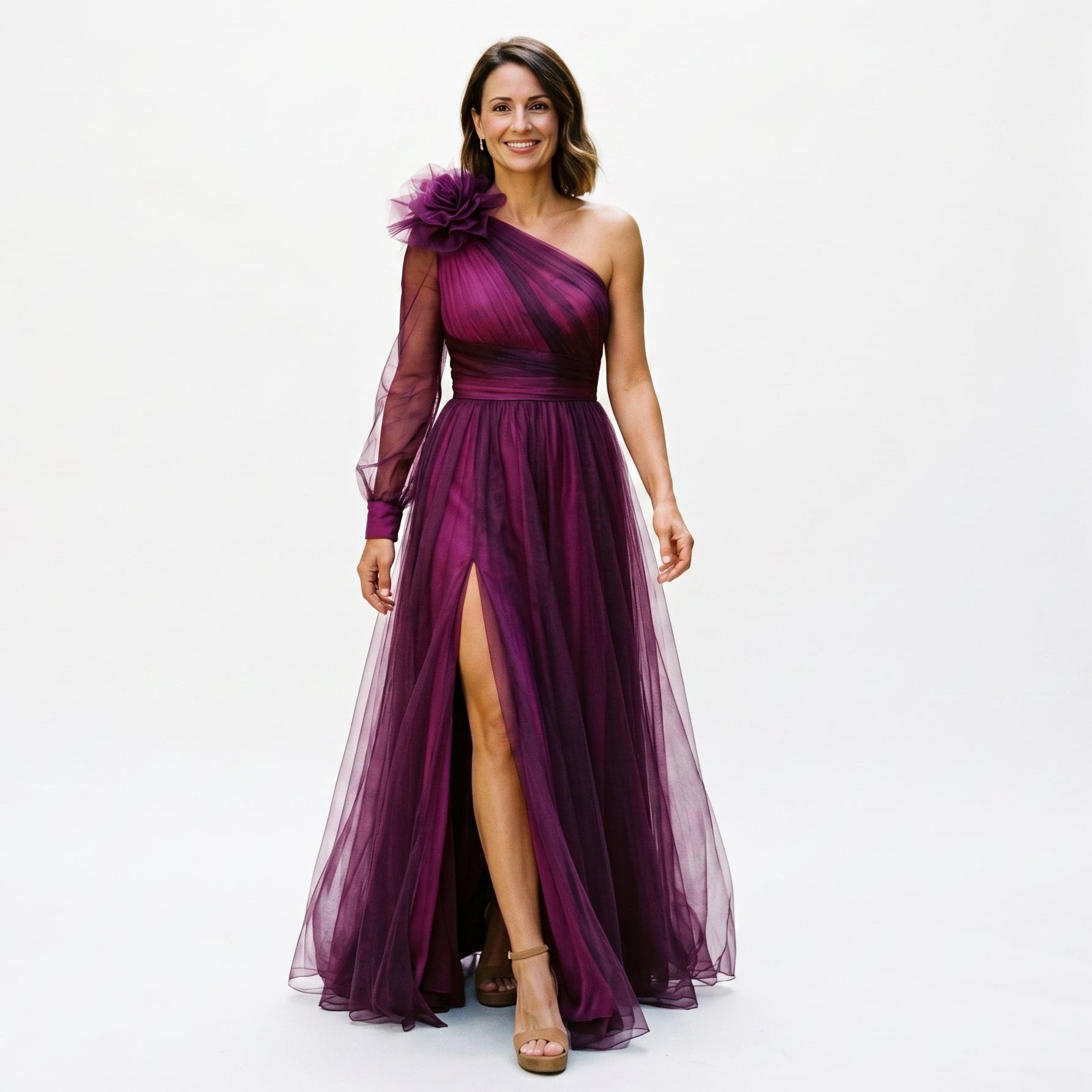 One-shoulder maxi dress in pale pink, front view