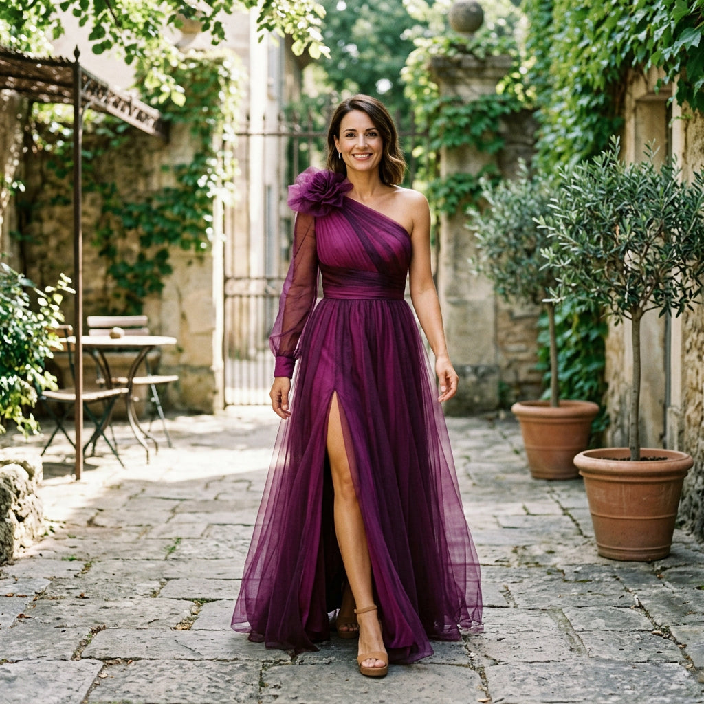 One-shoulder maxi dress in dark violet, front view