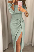 Elegant off-shoulder occasion dress flowing silhouette | Alba Muse