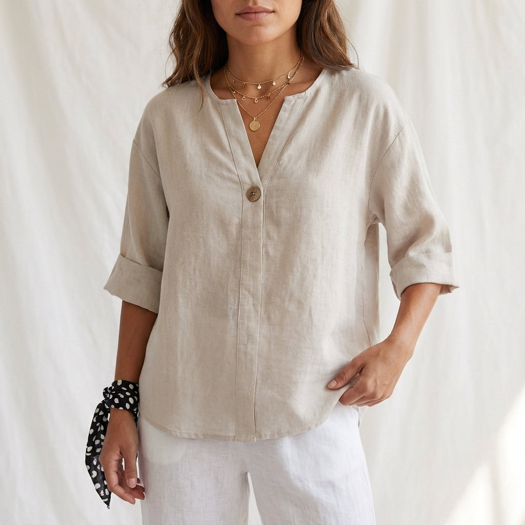 Cotton Linen V-Neck Blouse with Button Front and Cuffed Sleeves