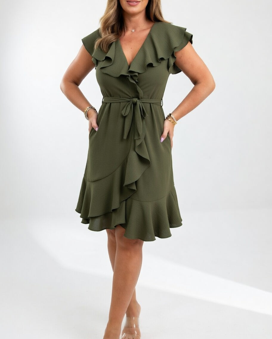 Ruffle wrap dress with V-neck in army green, front view