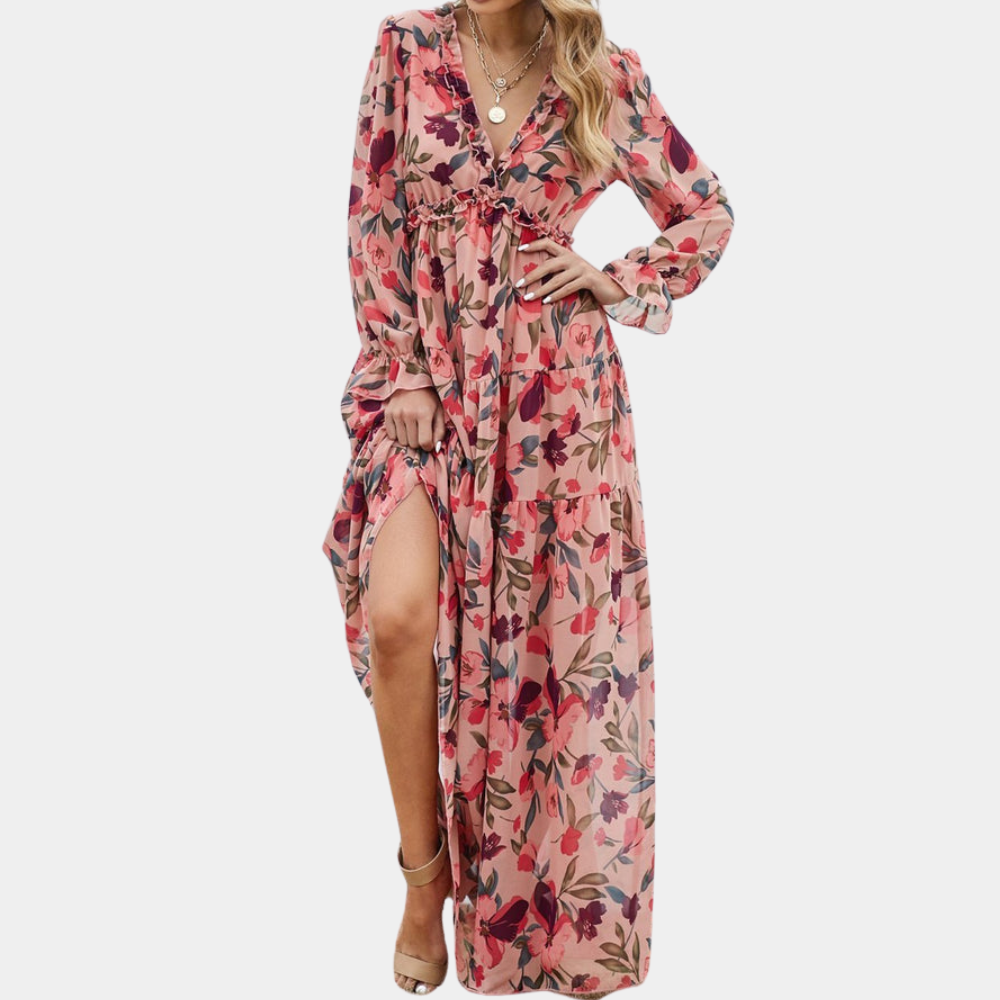 Women's floral V-neck long sleeve maxi dress full length view