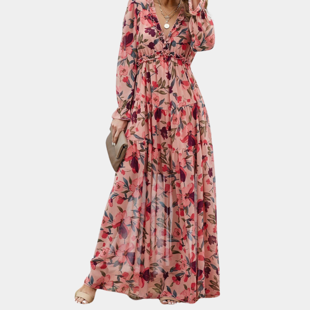 Detail of V-neck on women's floral long sleeve maxi dress