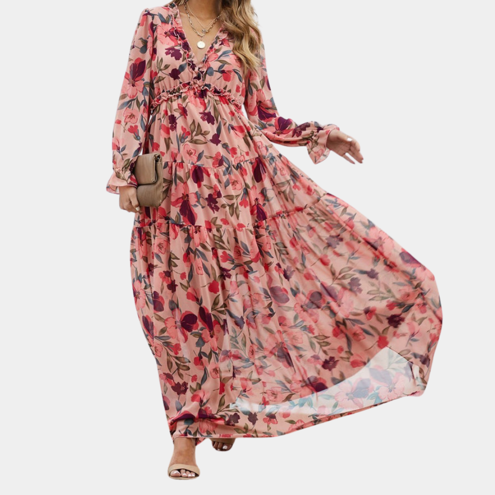 Front view of women's floral long sleeve maxi dress with V-neckline