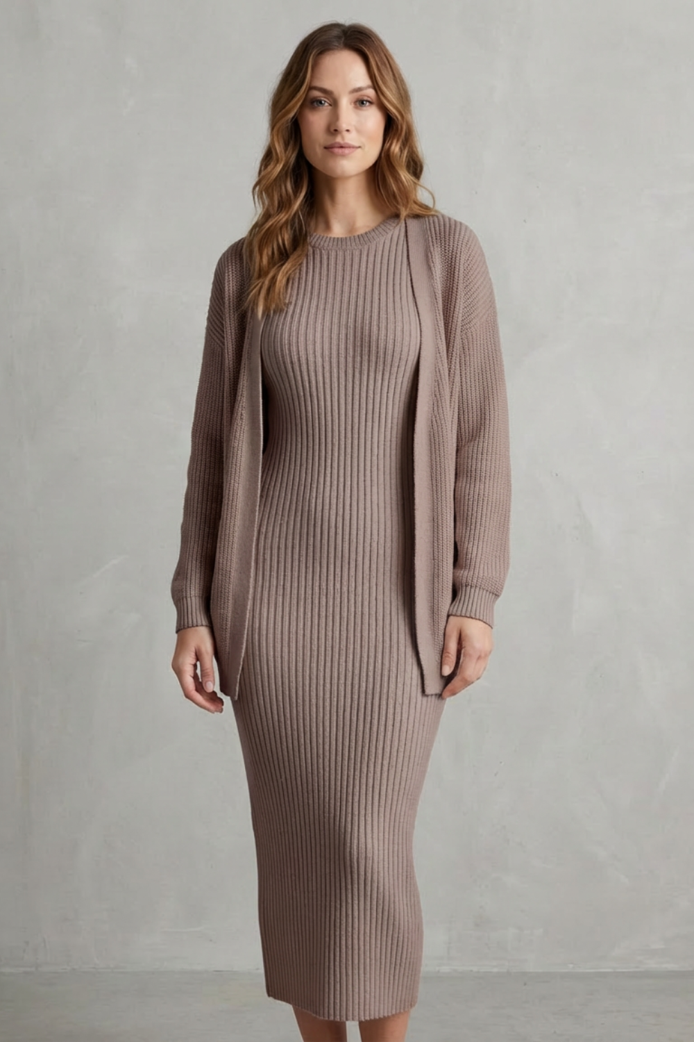 Ribbed knit dress and open front cardigan jumper with a two piece set