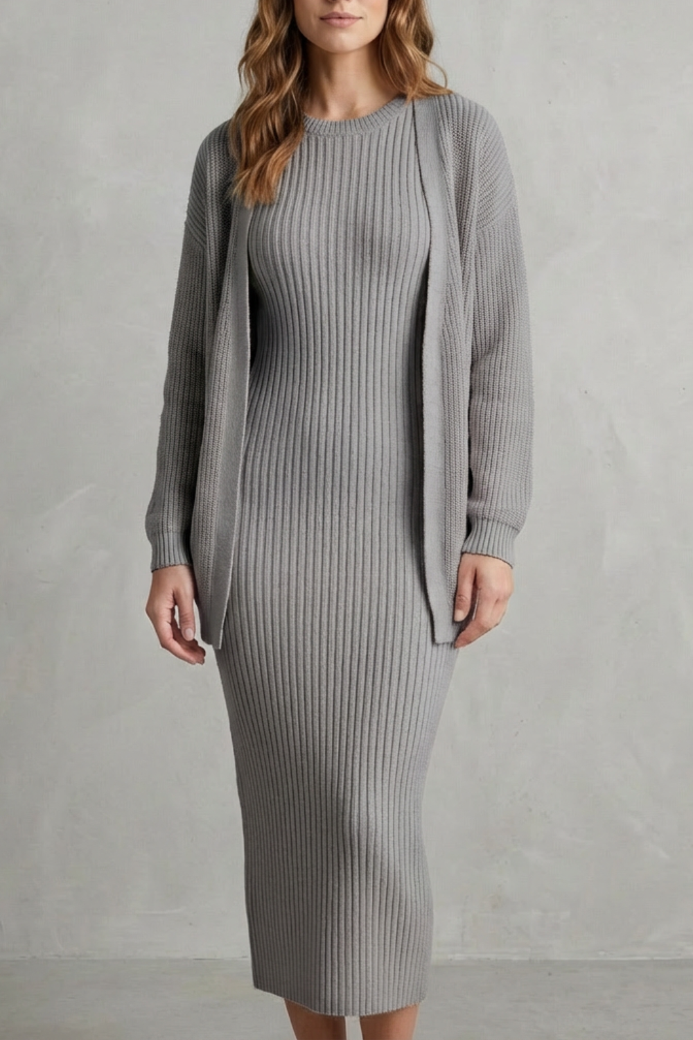 Ribbed knit dress and open front cardigan jumper with ribbed texture