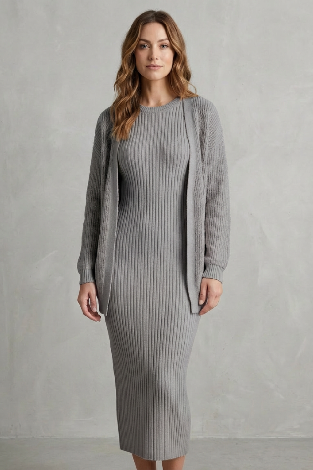 Ribbed knit dress and open front cardigan jumper with a slim fit dress