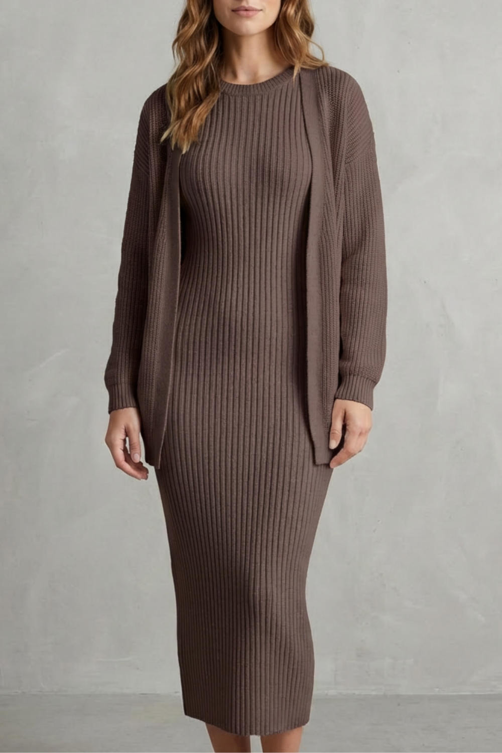 Ribbed knit dress and open front cardigan jumper with a relaxed cardigan
