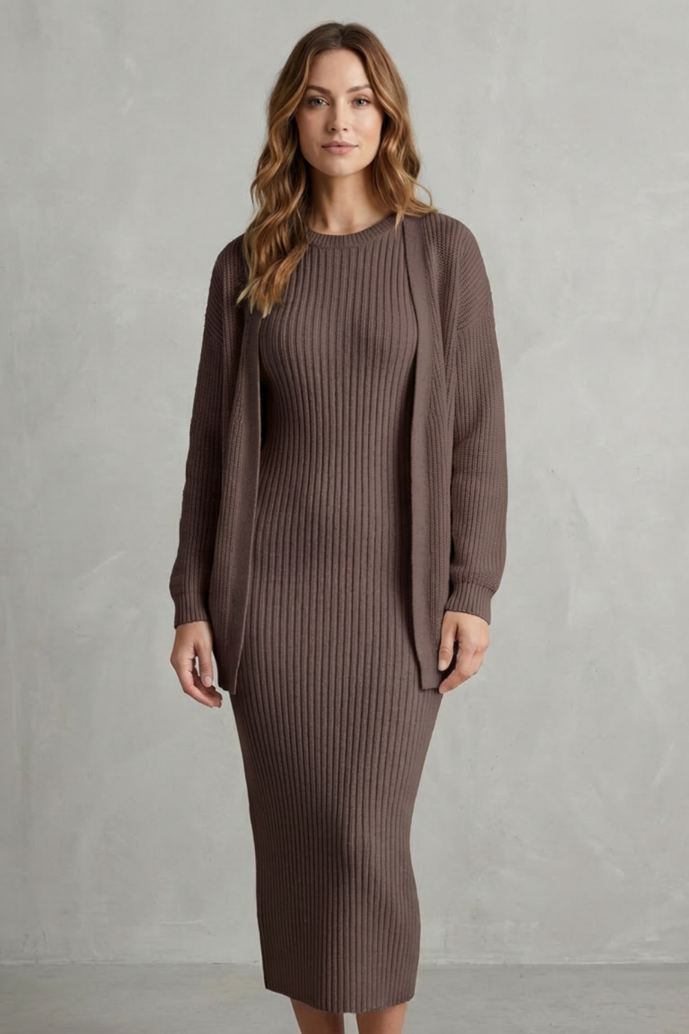 Ribbed knit dress and open front cardigan jumper with a two piece set