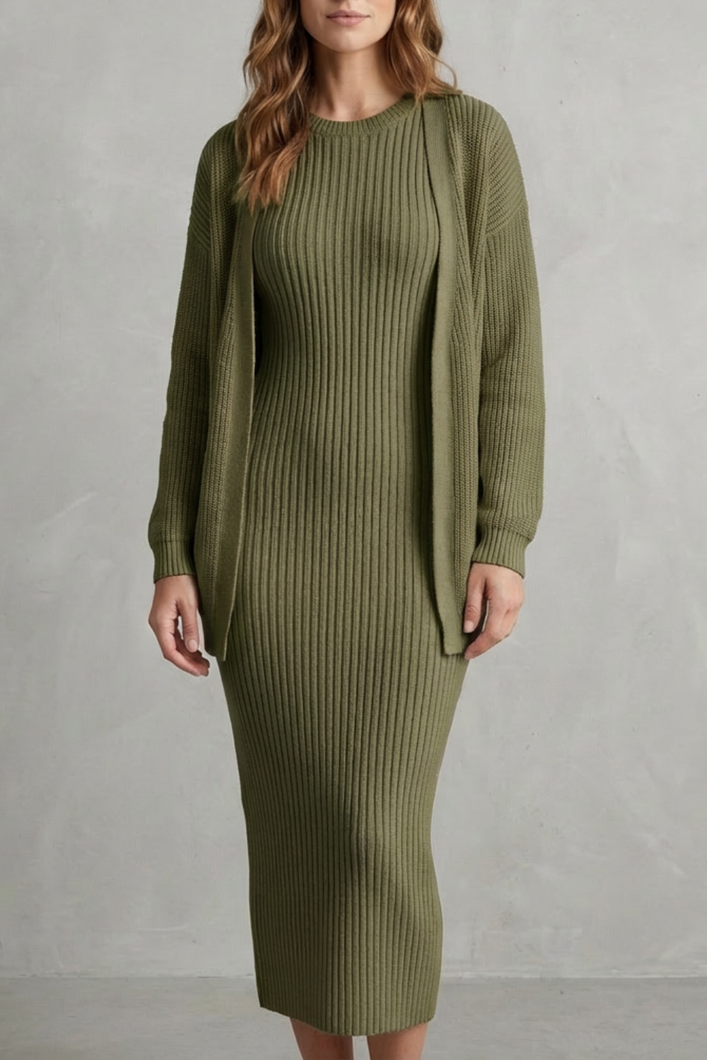 Ribbed knit dress and open front cardigan jumper with ribbed texture