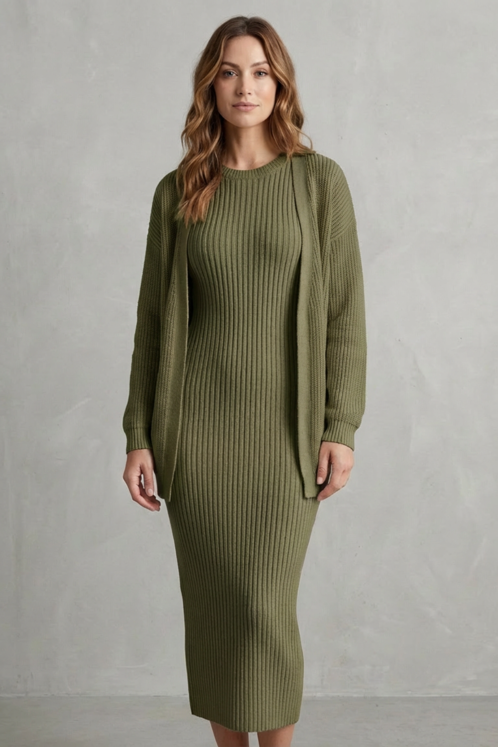 Ribbed knit dress and open front cardigan jumper with a slim fit dress