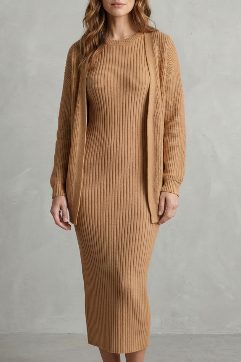 Ribbed knit dress and open front cardigan jumper with a relaxed cardigan