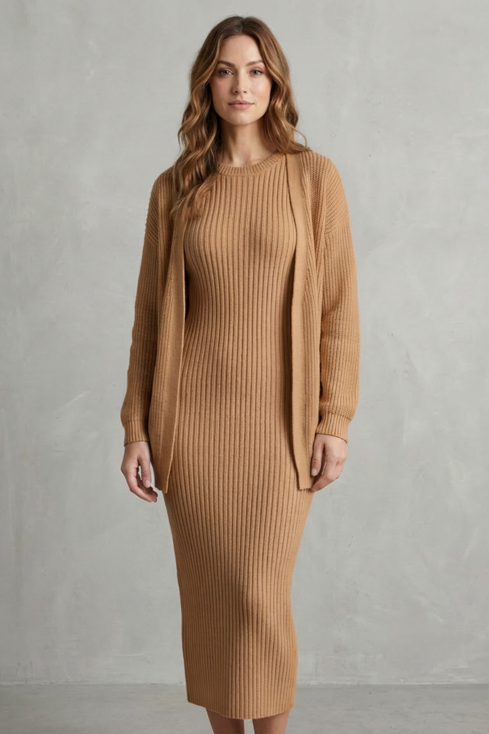 Ribbed knit dress and open front cardigan jumper with a two piece set