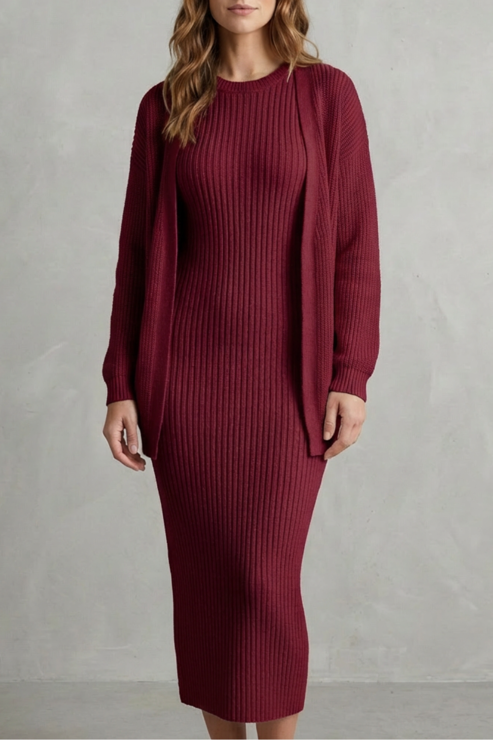 Ribbed knit dress and open front cardigan jumper with ribbed texture