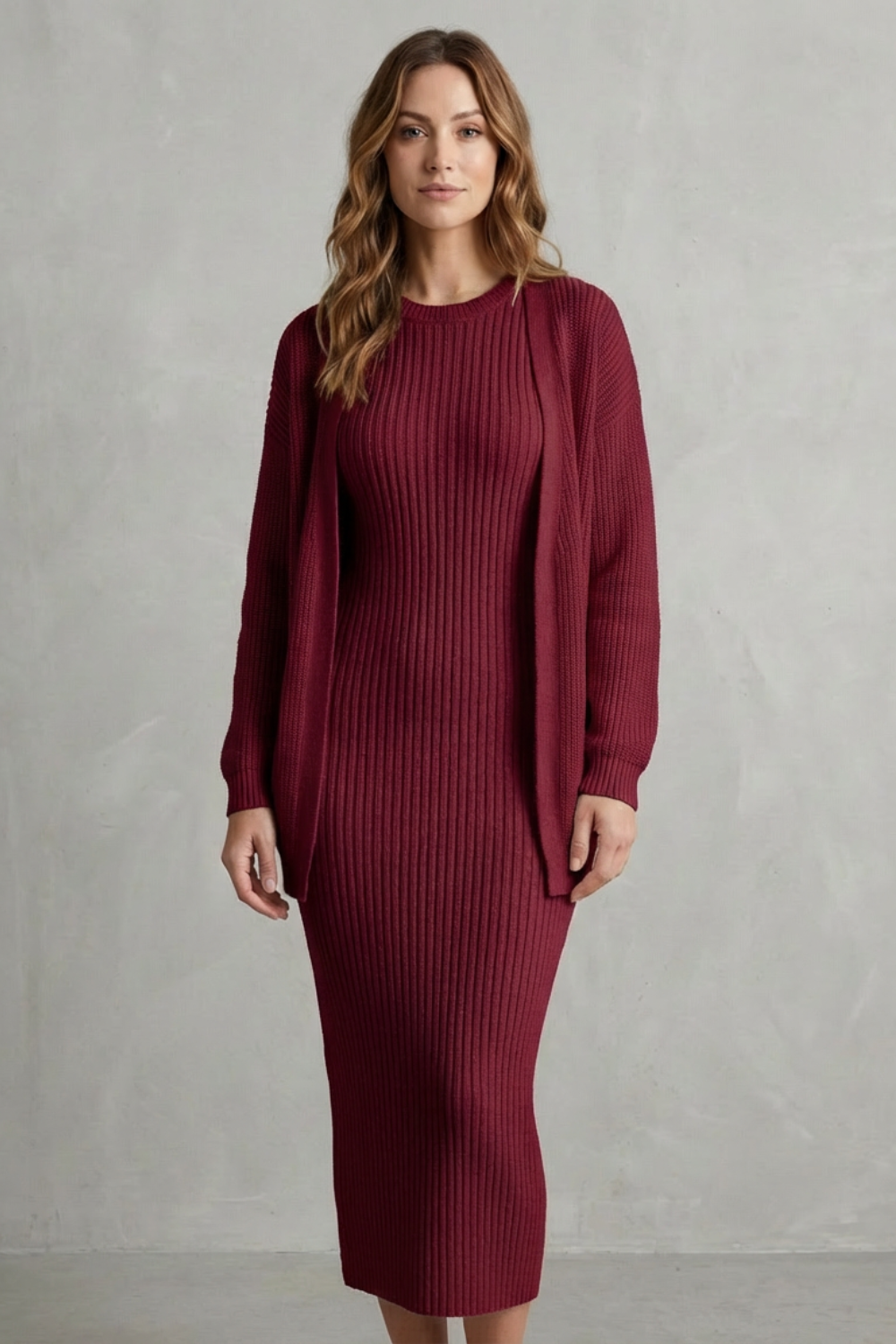 Ribbed knit dress and open front cardigan jumper with a slim fit dress