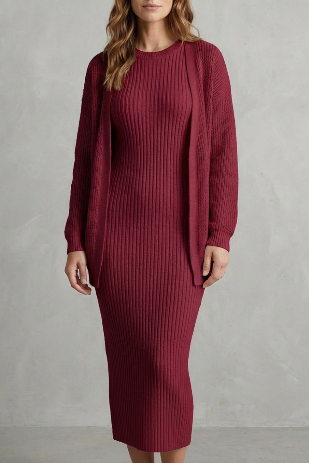 Ribbed knit dress and open front cardigan jumper with a relaxed cardigan