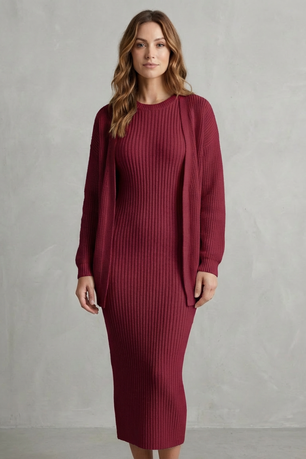 Ribbed knit dress and open front cardigan jumper with a two piece set