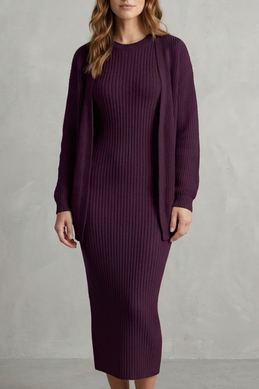 Ribbed knit dress and open front cardigan jumper with ribbed texture