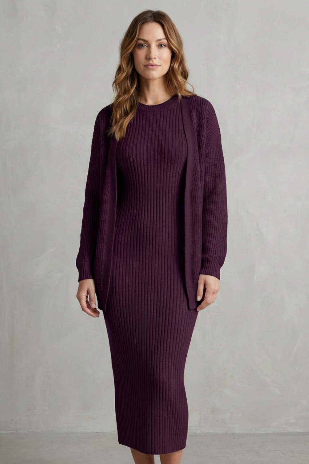 Ribbed knit dress and open front cardigan jumper with a slim fit dress