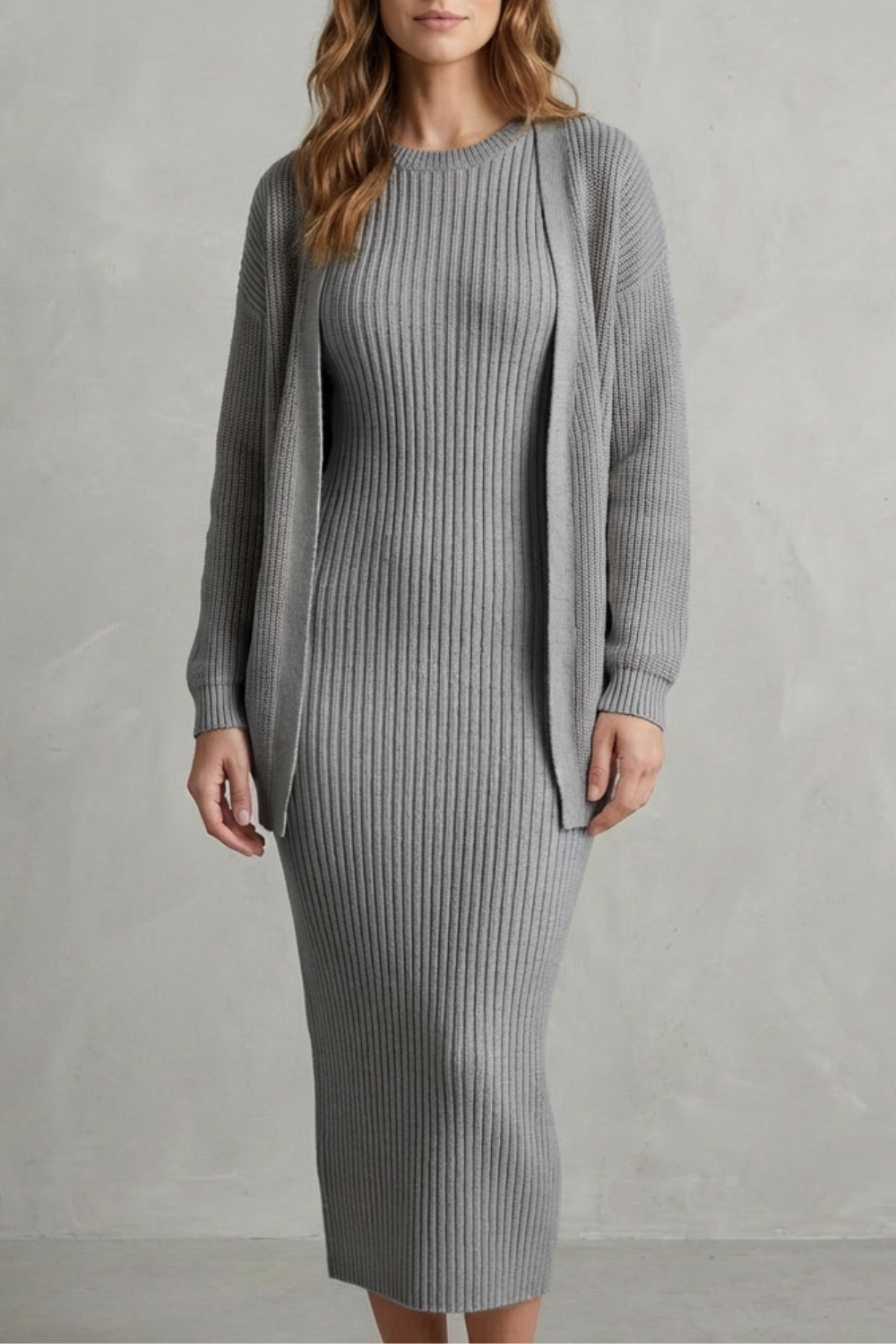 Ribbed knit dress and open front cardigan jumper with a relaxed cardigan