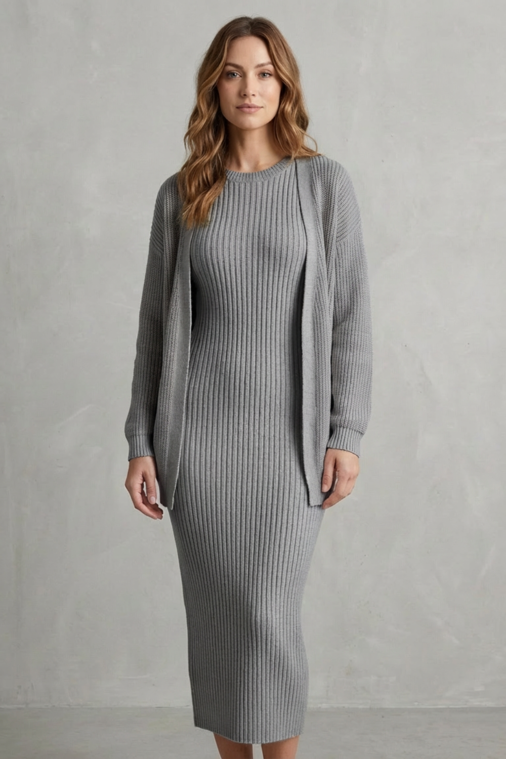 Ribbed knit dress and open front cardigan jumper with a two piece set