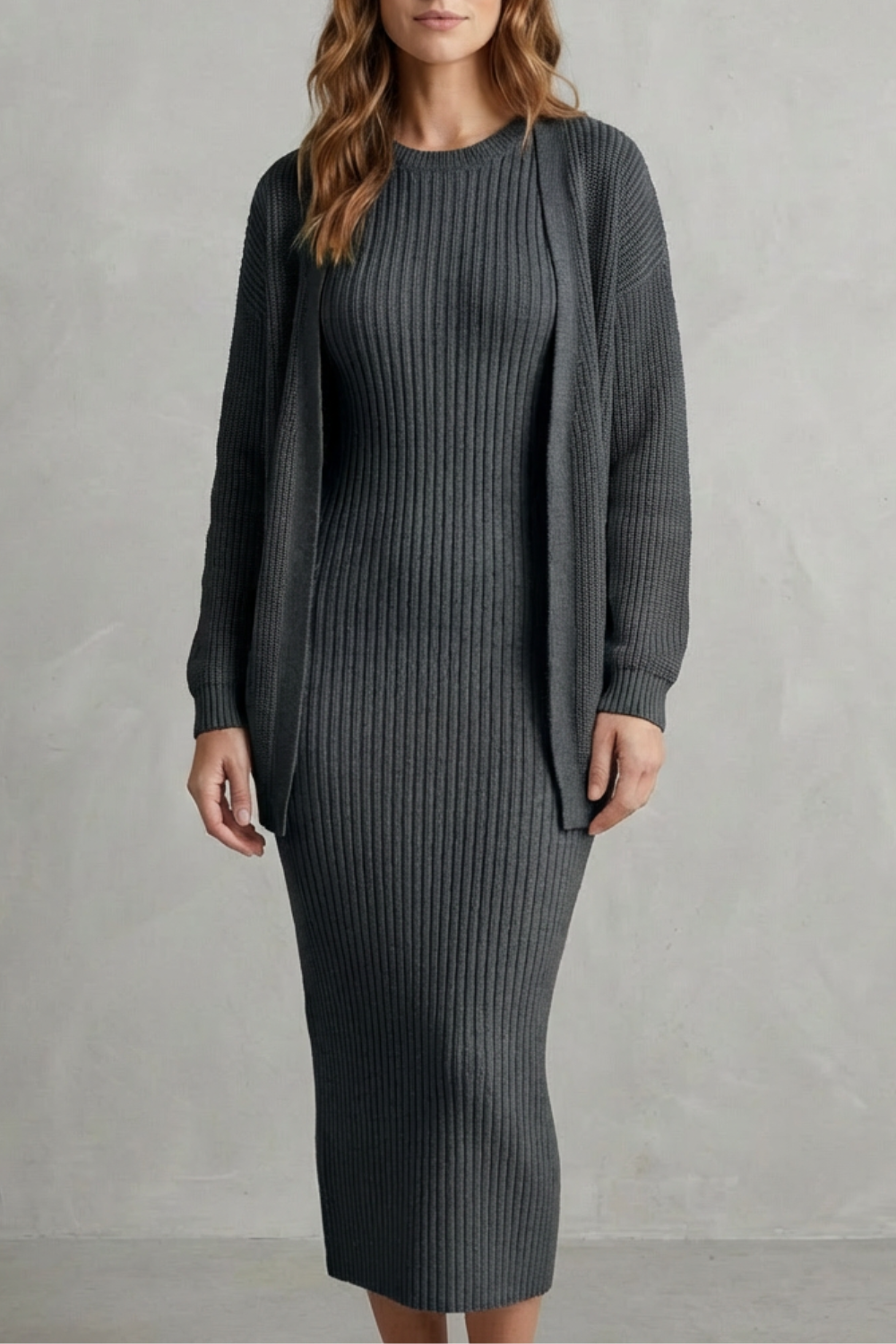 Ribbed knit dress and open front cardigan jumper with ribbed texture