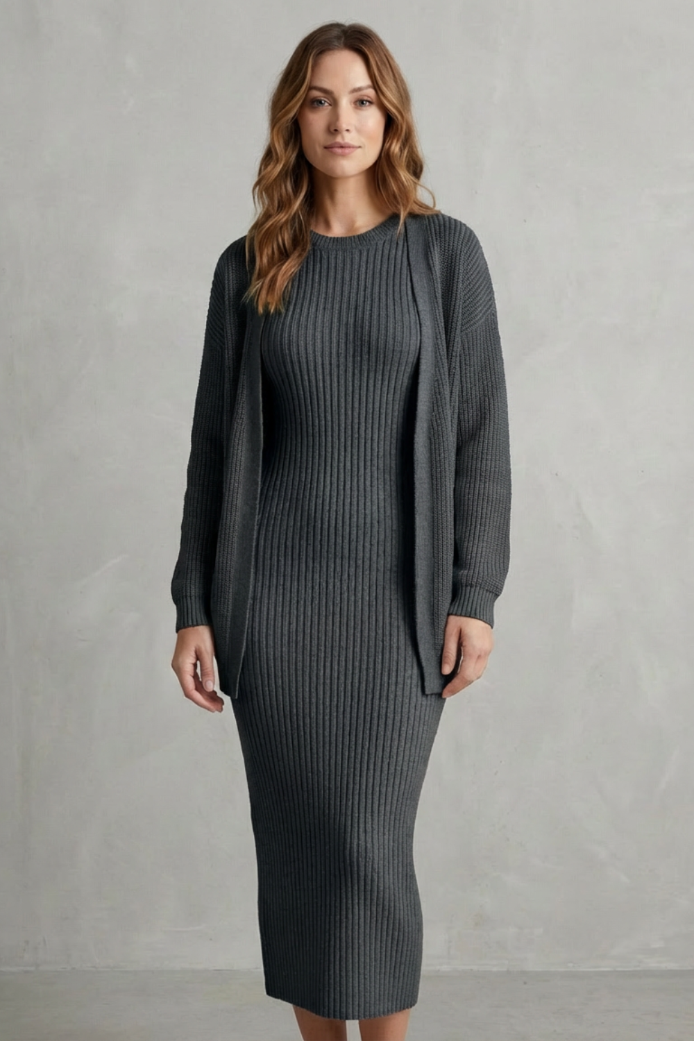 Ribbed knit dress and open front cardigan jumper with a slim fit dress