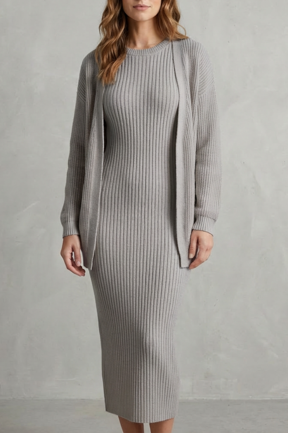 Ribbed knit dress and open front cardigan jumper with a relaxed cardigan
