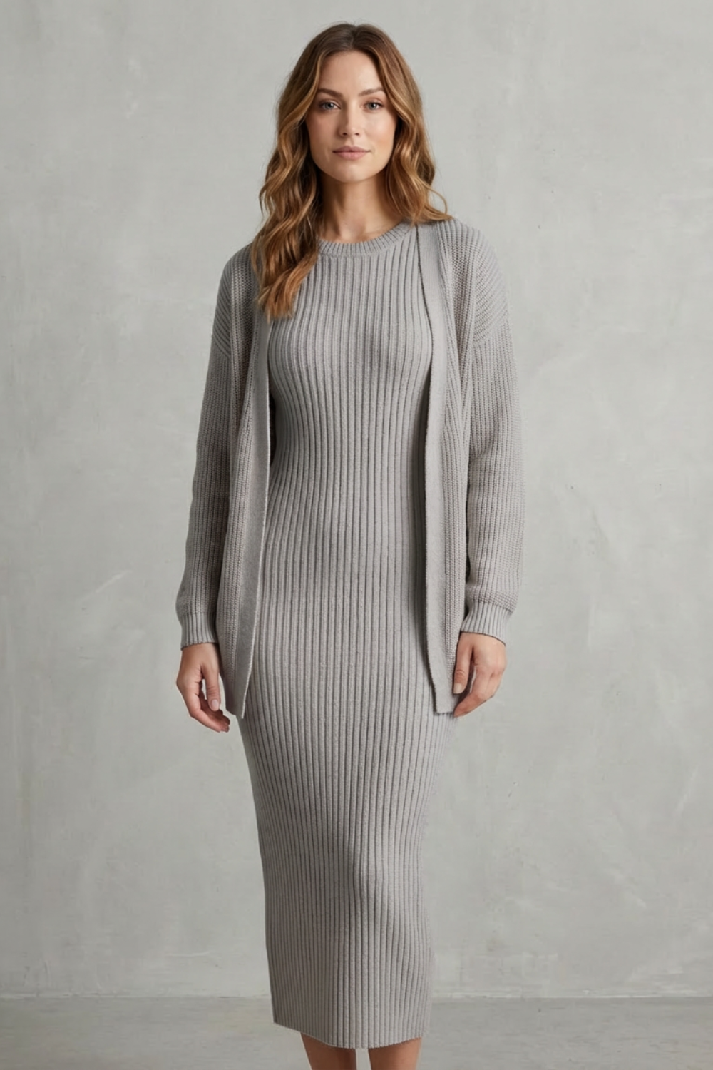 Ribbed knit dress and open front cardigan jumper with a two piece set