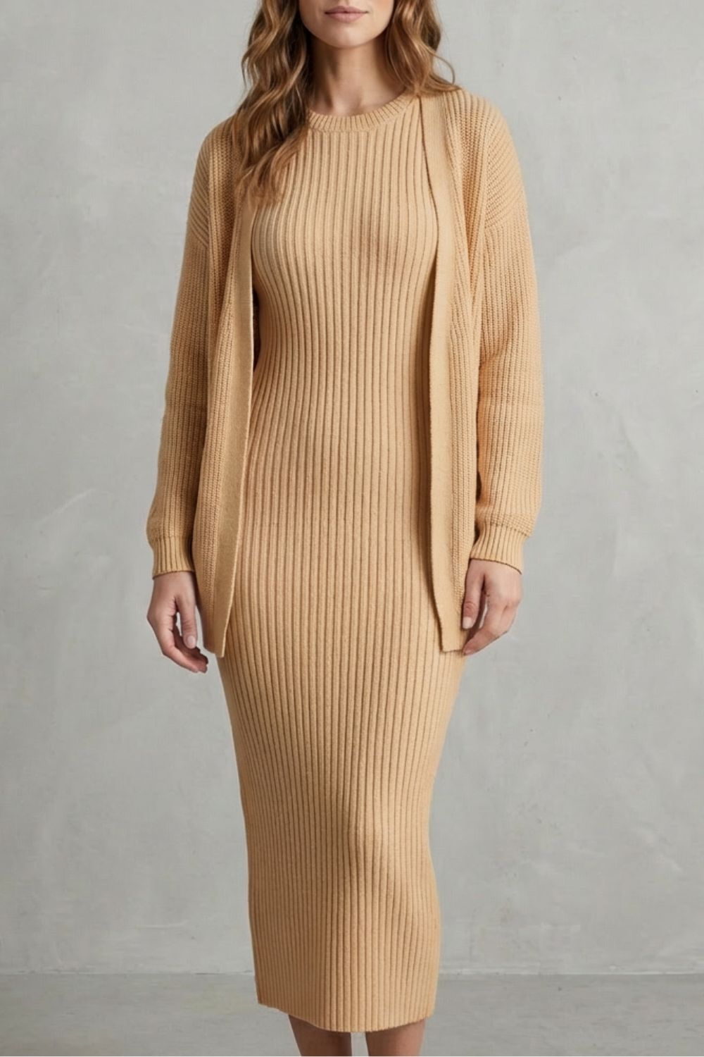 Ribbed knit dress and open front cardigan jumper with ribbed texture