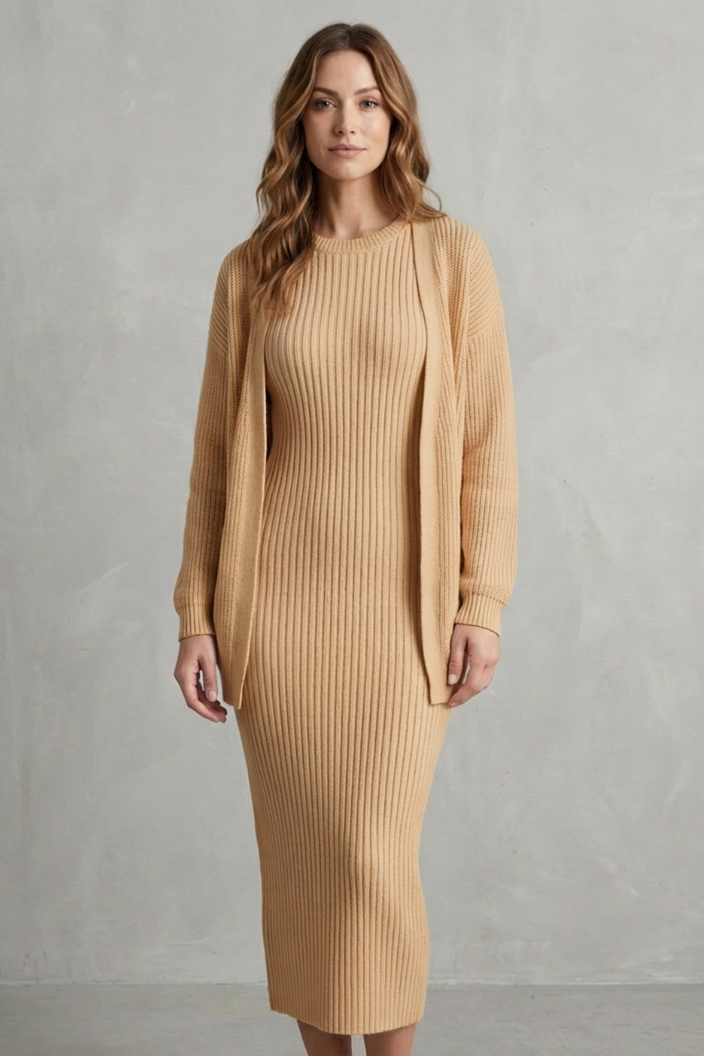 Ribbed knit dress and open front cardigan jumper with a slim fit dress