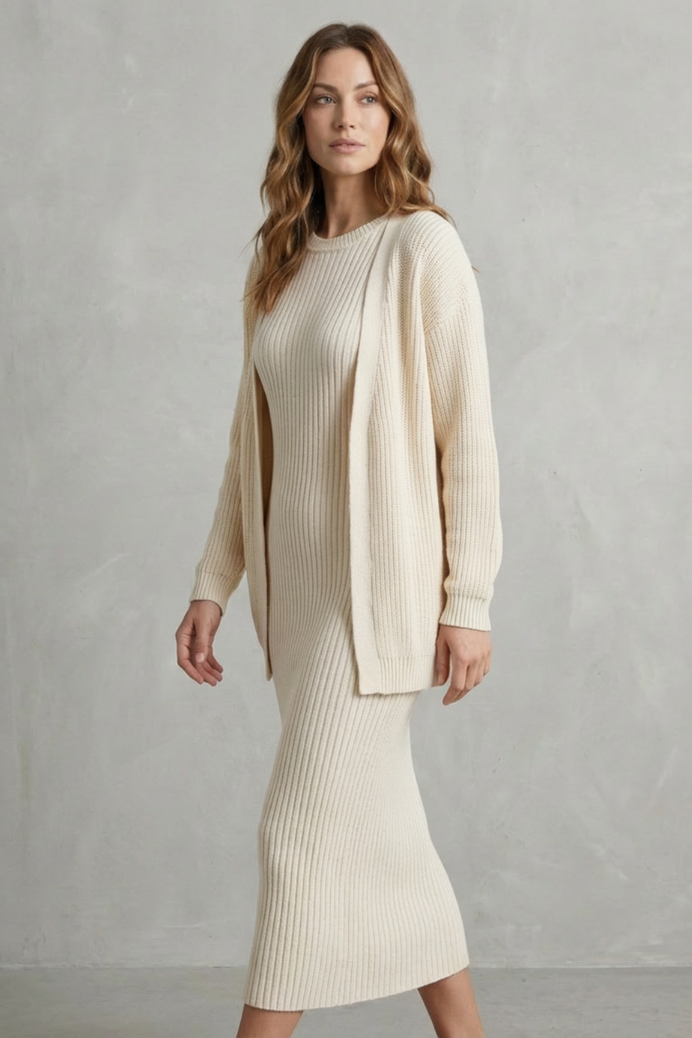 Ribbed knit dress and open front cardigan jumper with ribbed texture